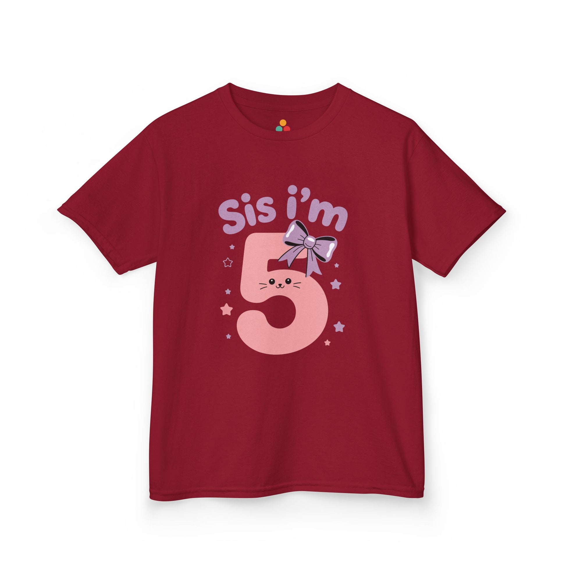 Red kids’ t‑shirt with pink “Sis I’m 5” kitty face, lilac bow, and pastel stars, flat front view.