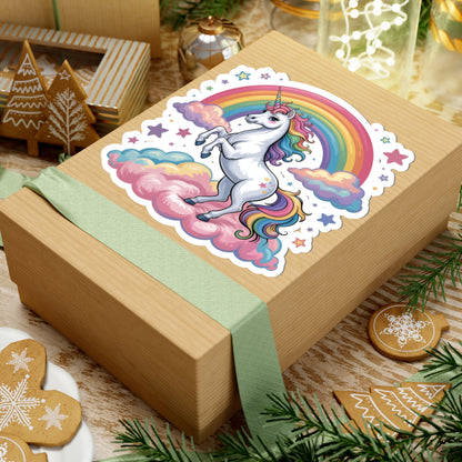 Wooden gift box with a colorful unicorn sticker on a festive background with cookies and decorations. TEEZOCA