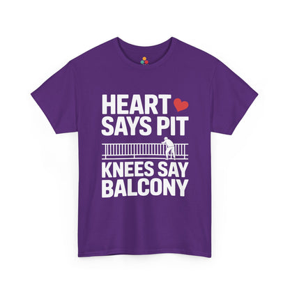 Purple t-shirt mockup with “Heart Says Pit Knees Say Balcony” balcony design, front print.