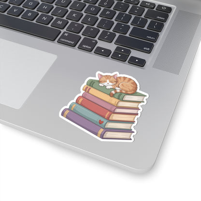 TEEZOCA book lover sticker cat sleeping on stacked books design