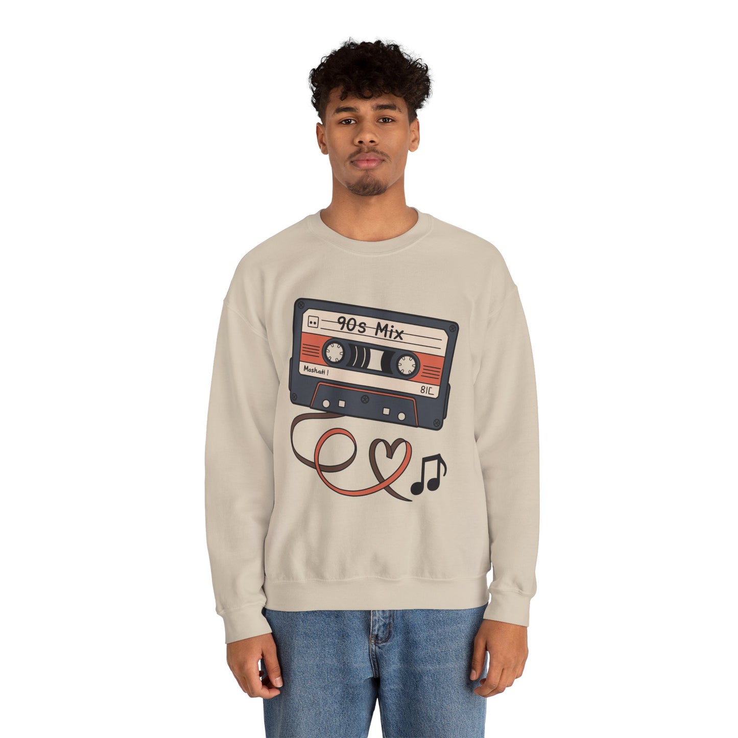 TEEZOCA 90s mix cassette sweatshirt with retro mixtape illustration Person wearing a beige sweatshirt with a cassette tape design on a white background