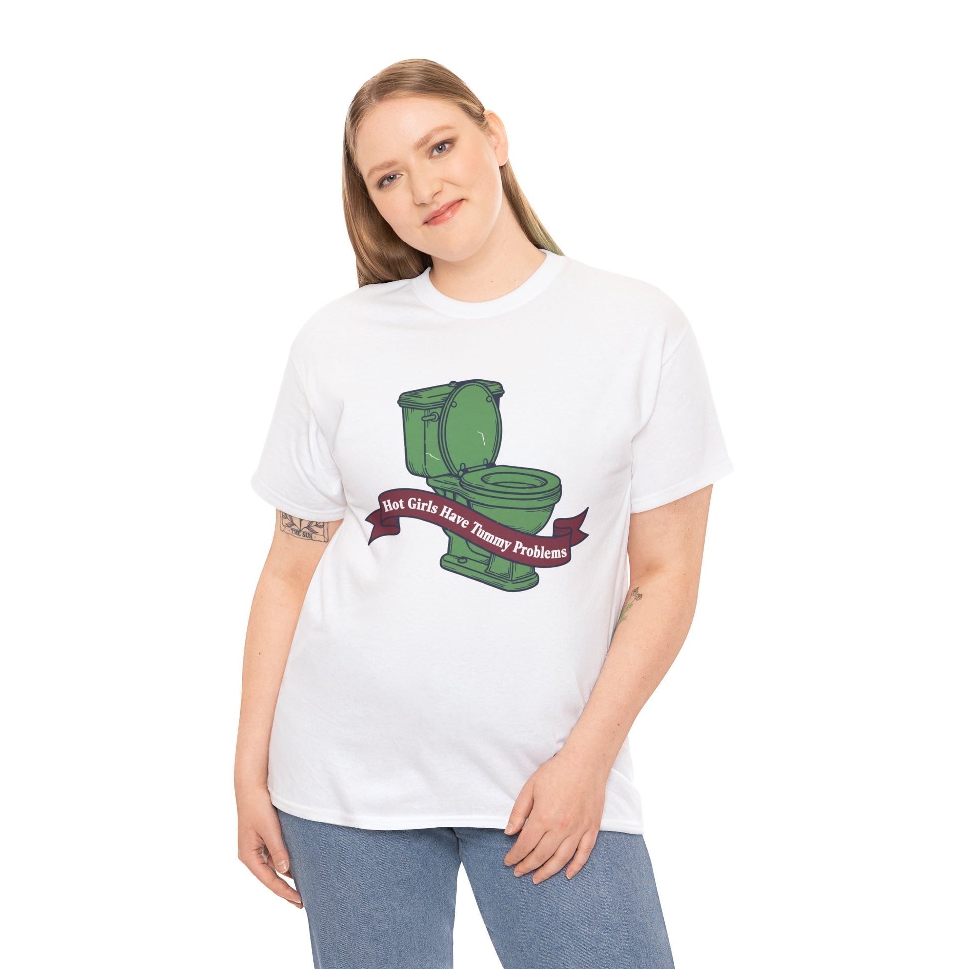 Funny Green Toilet Graphic T-Shirt - "Hot Girls Have Tummy Problems" Relatable Meme Tee | TEEZOCA 