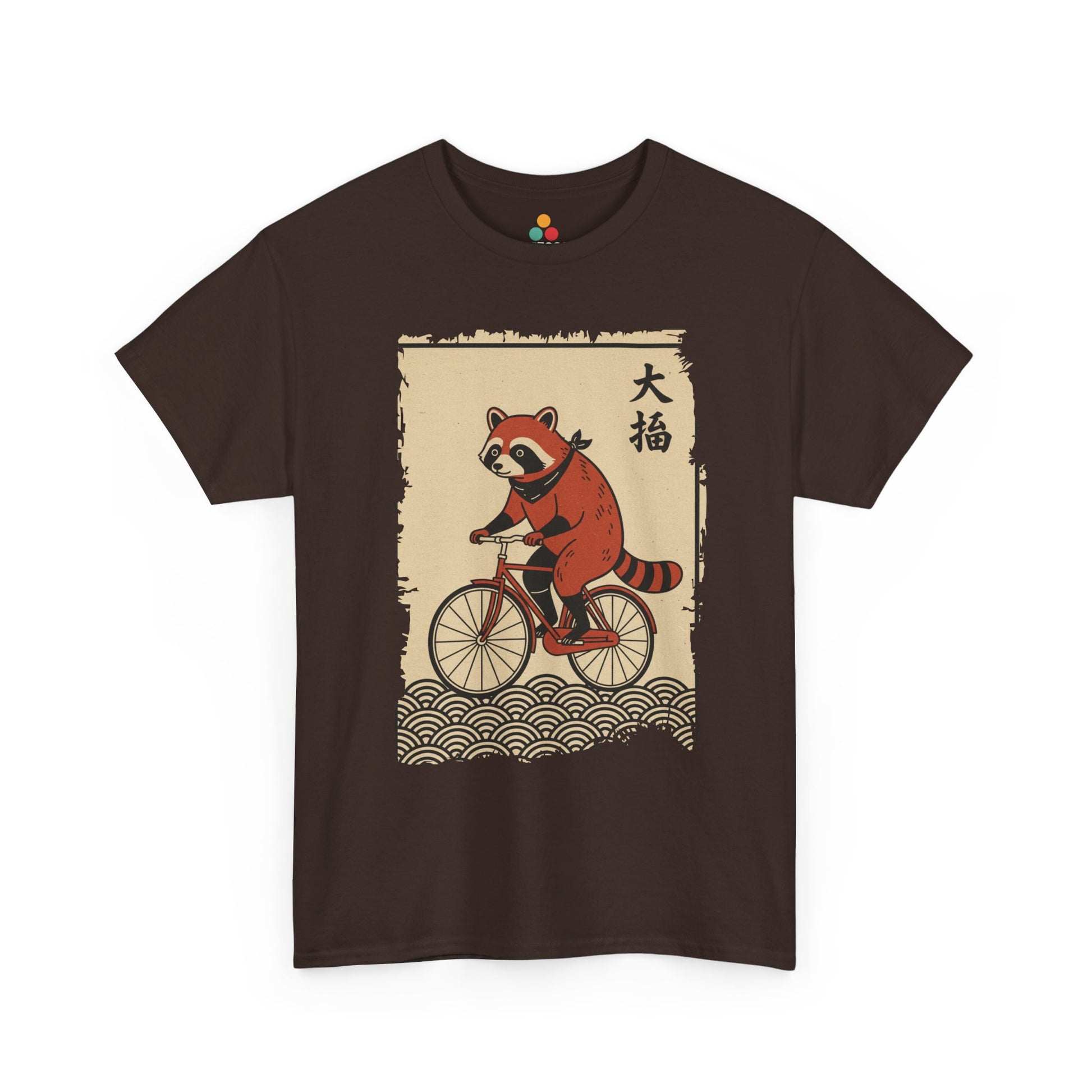 Vintage Japanese ukiyo-e style raccoon riding a bicycle in Maroon  tee shirt with waves and calligraphy on parchment background 