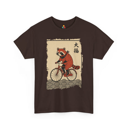 Vintage Japanese ukiyo-e style raccoon riding a bicycle in Maroon  tee shirt with waves and calligraphy on parchment background 