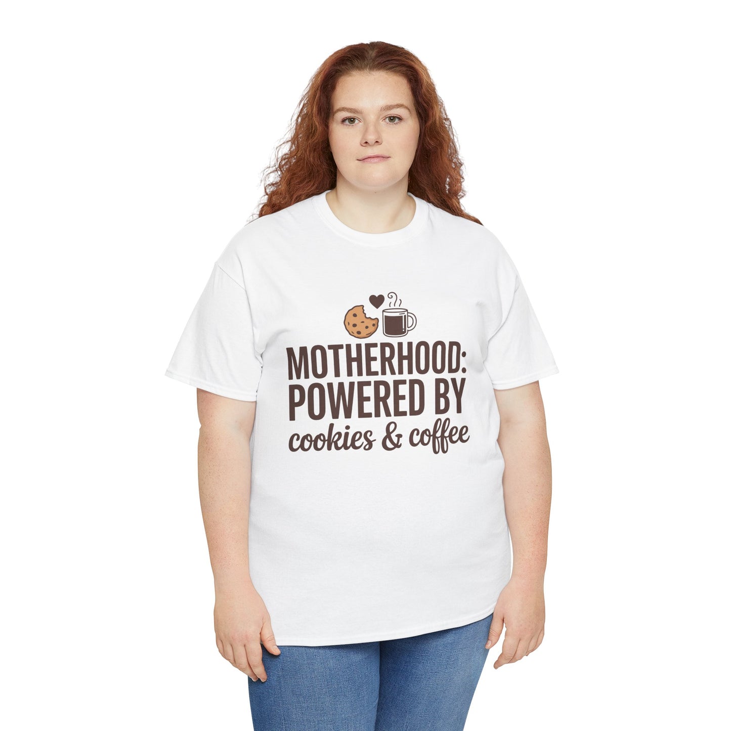 Woman wearing a TEEZOCA white “Motherhood: Powered By Cookies & Coffee” graphic tee.