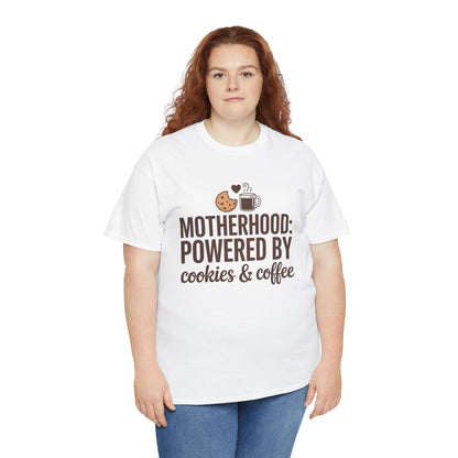 Woman wearing a TEEZOCA white “Motherhood: Powered By Cookies & Coffee” graphic tee.