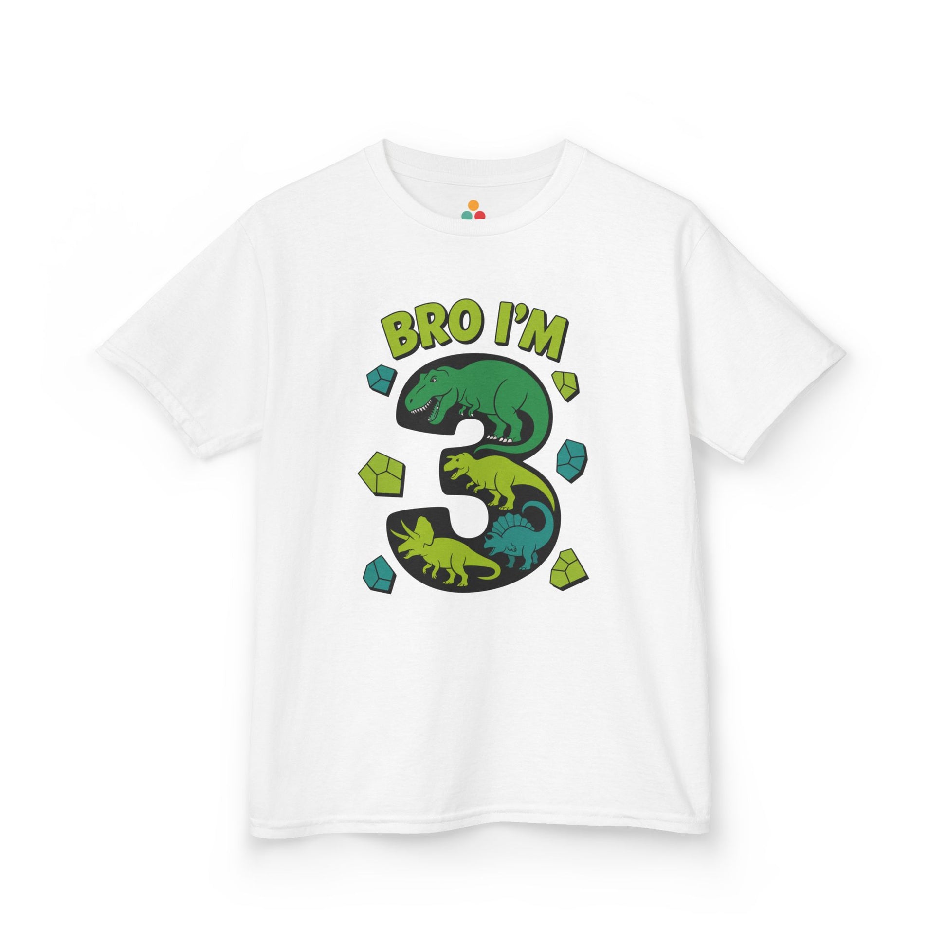 "White kids t‑shirt with large dinosaur-filled number 3 and the text 'BRO I'M 3' surrounded by green and blue cubes, flat front view."

