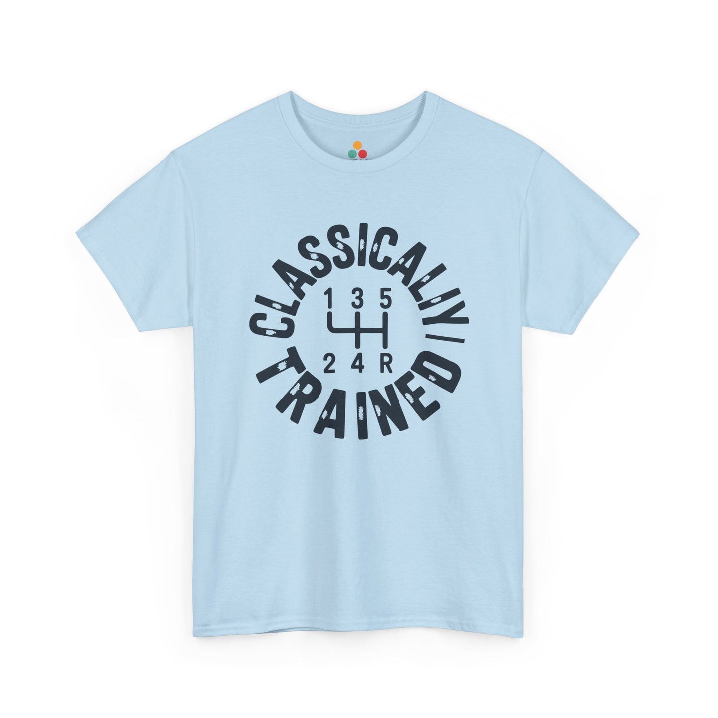Light blue t‑shirt with dark “Classically Trained” gear‑shift print, flat front view.​