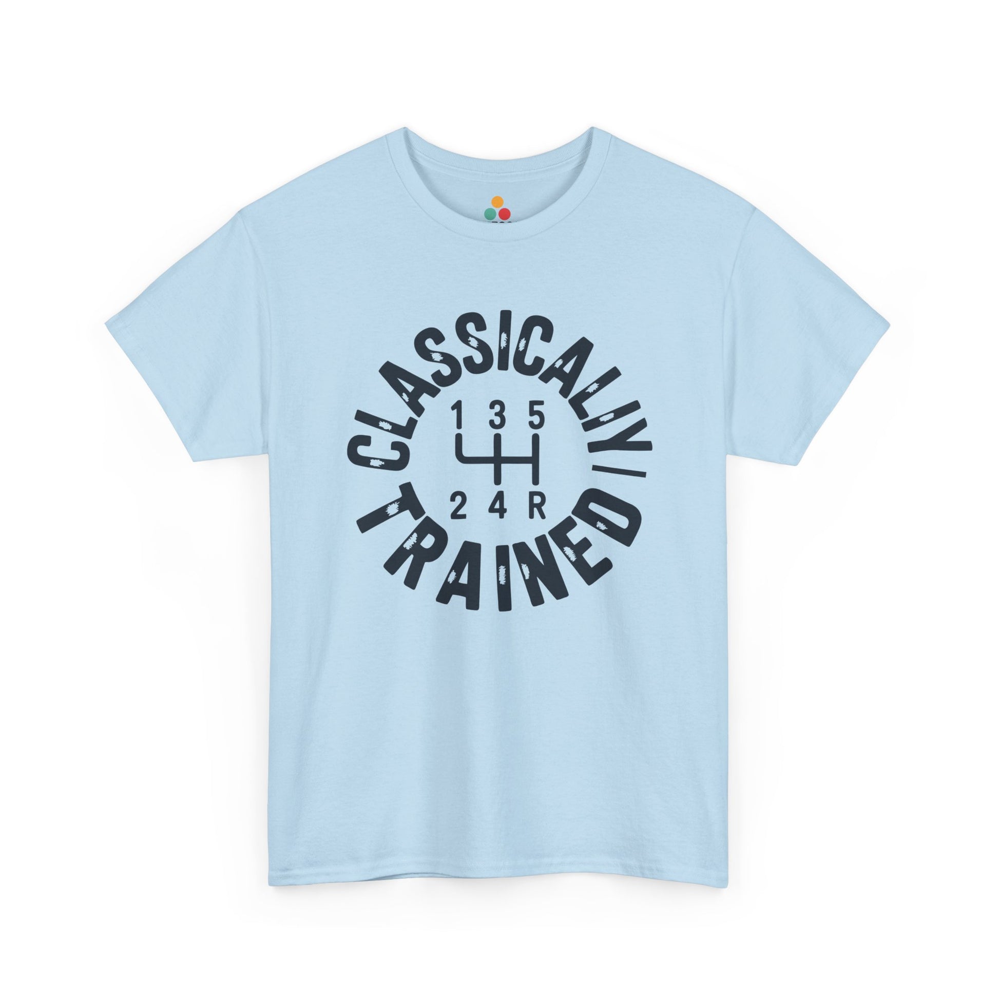 Light blue t‑shirt with dark “Classically Trained” gear‑shift print, flat front view.​