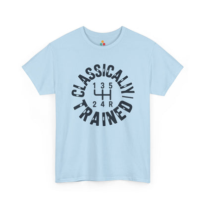 Light blue t‑shirt with dark “Classically Trained” gear‑shift print, flat front view.​