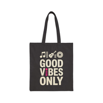 TEEZOCA tote bag with Good Vibes Only text and music-themed graphic design