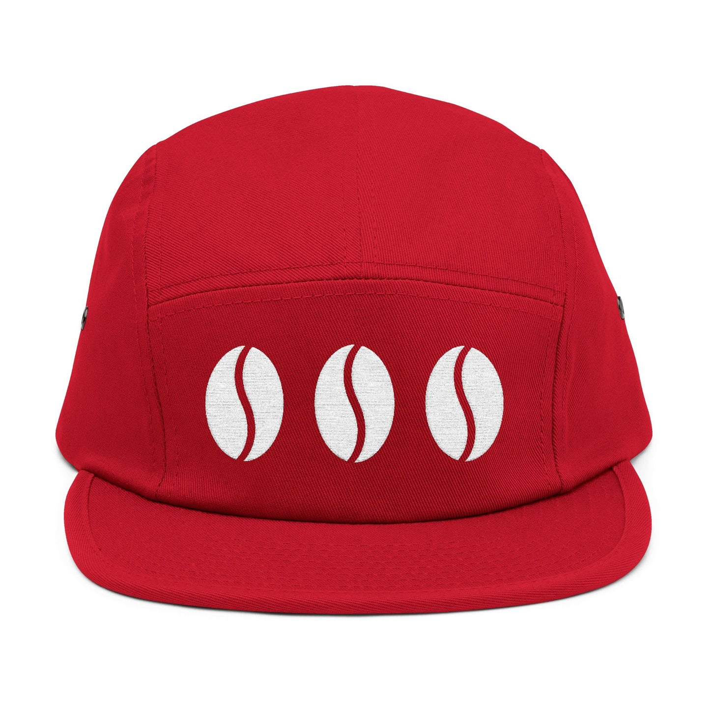 Red cap with three white coffee bean designs on a white background. Triple coffee bean minimalist embroidery on 5-panel cap. TEEZOCA