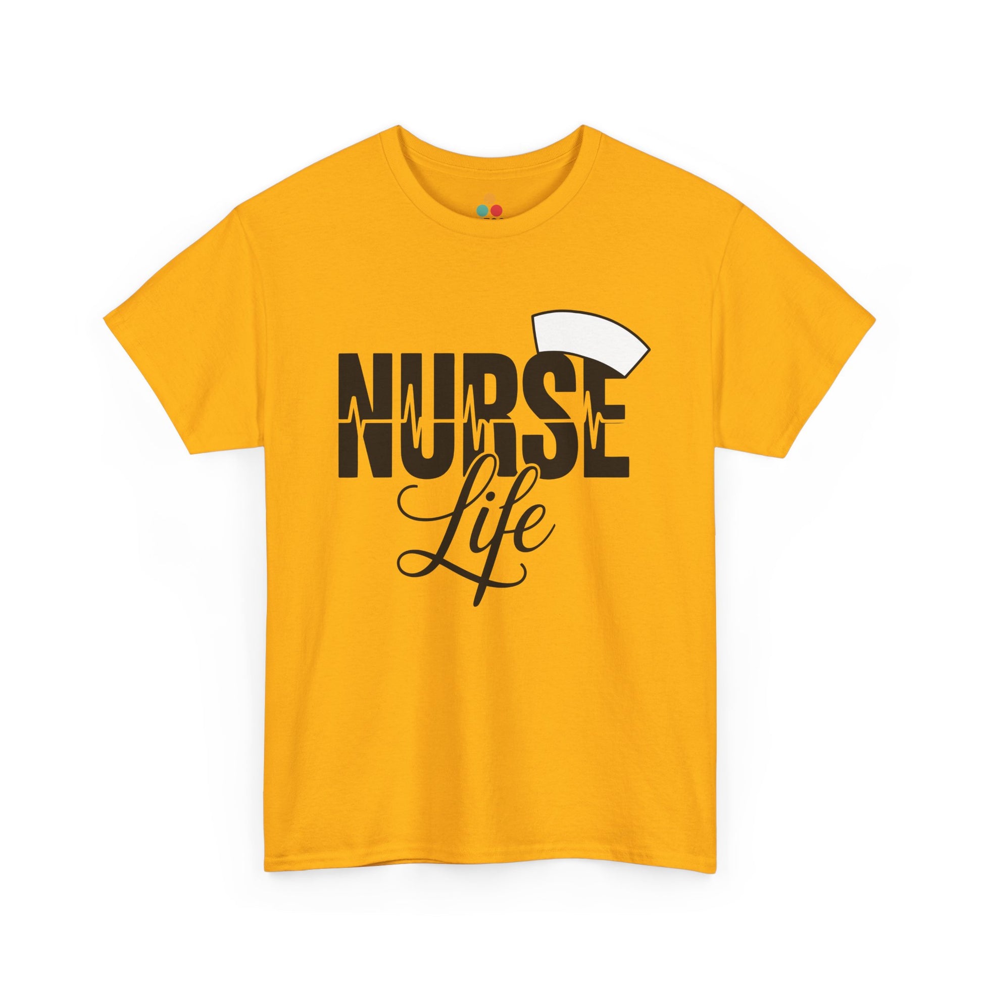 “Teezoca Nurse Life shirt, simple NURSE Life graphic, mustard yellow tee, flat lay.”

