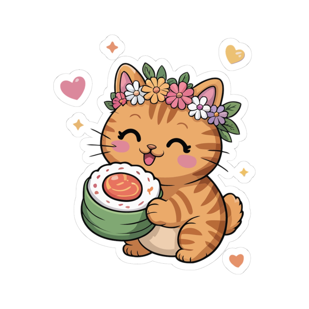 TEEZOCA cute kawaii cat sushi sticker with smiling pastel cat holding sushi roll