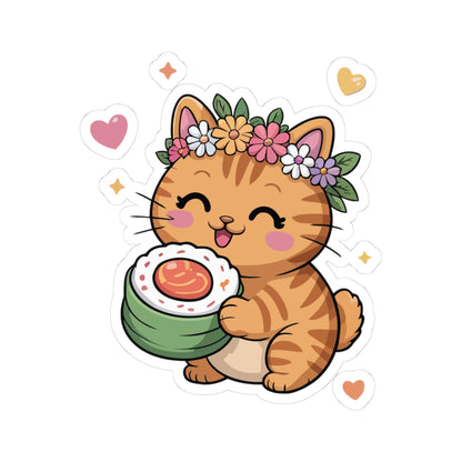 TEEZOCA cute kawaii cat sushi sticker with smiling pastel cat holding sushi roll