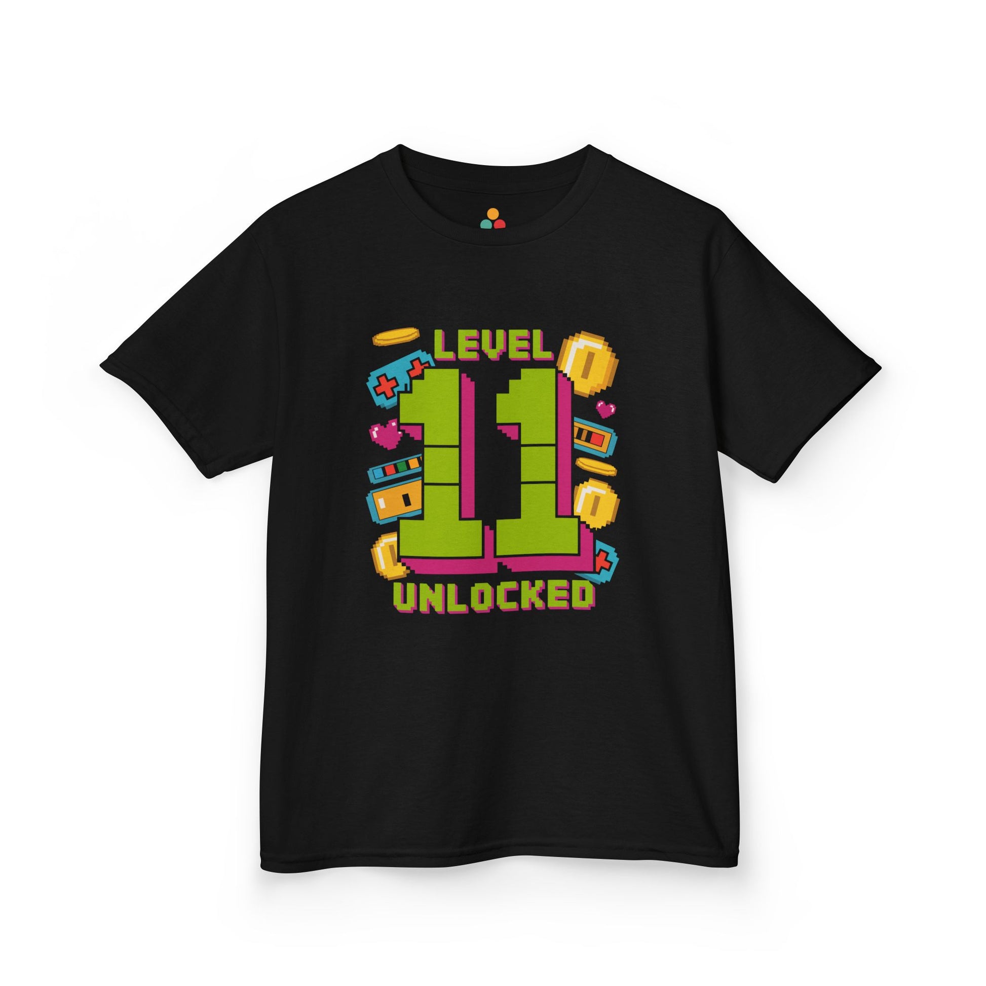 Black kids’ t‑shirt with neon green pixel “11” surrounded by gaming icons and “Level 11 Unlocked” text, flat front view.