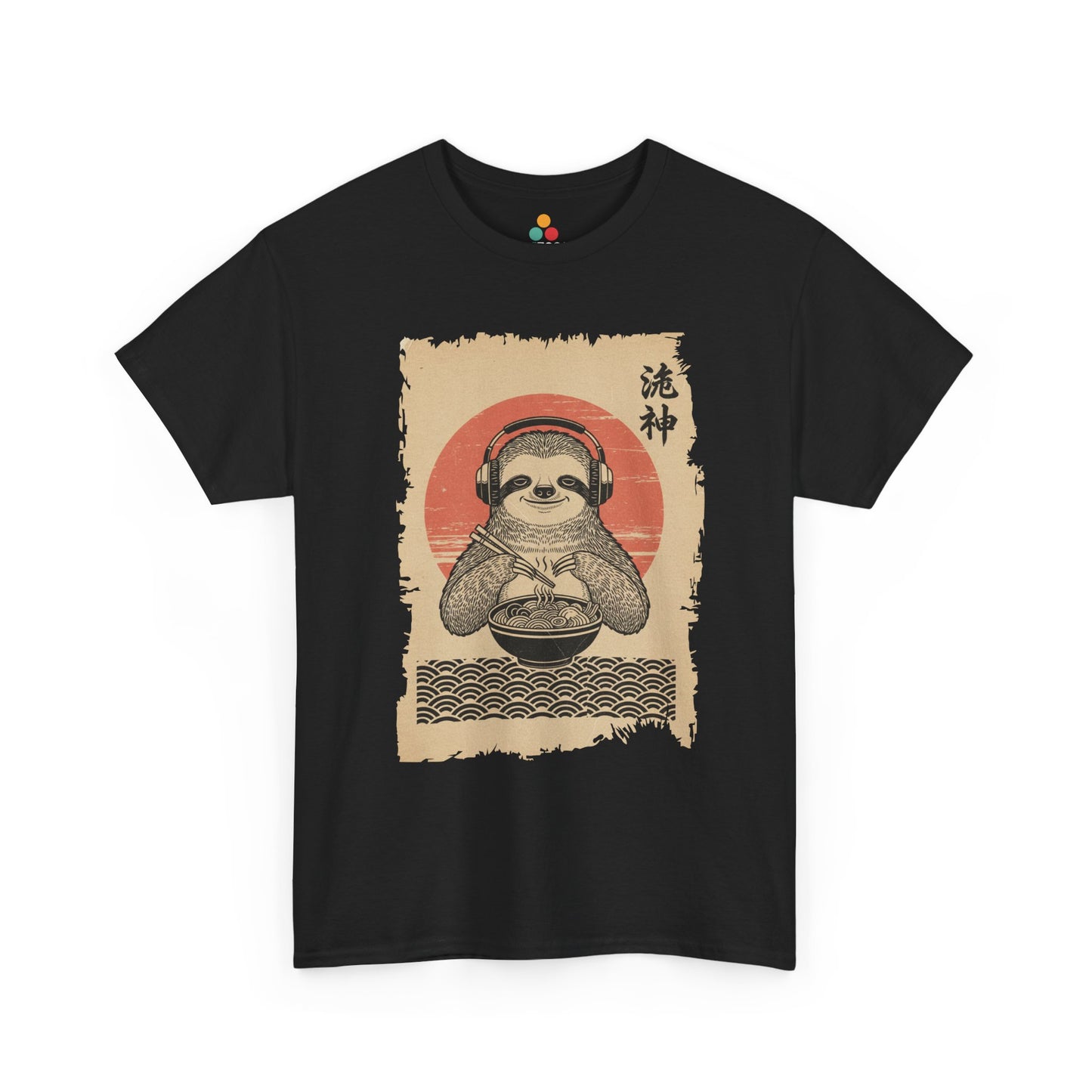 Vintage Japanese ukiyo-e style sloth eating ramen with headphones and red sun background. On Black  Tee Shirt

