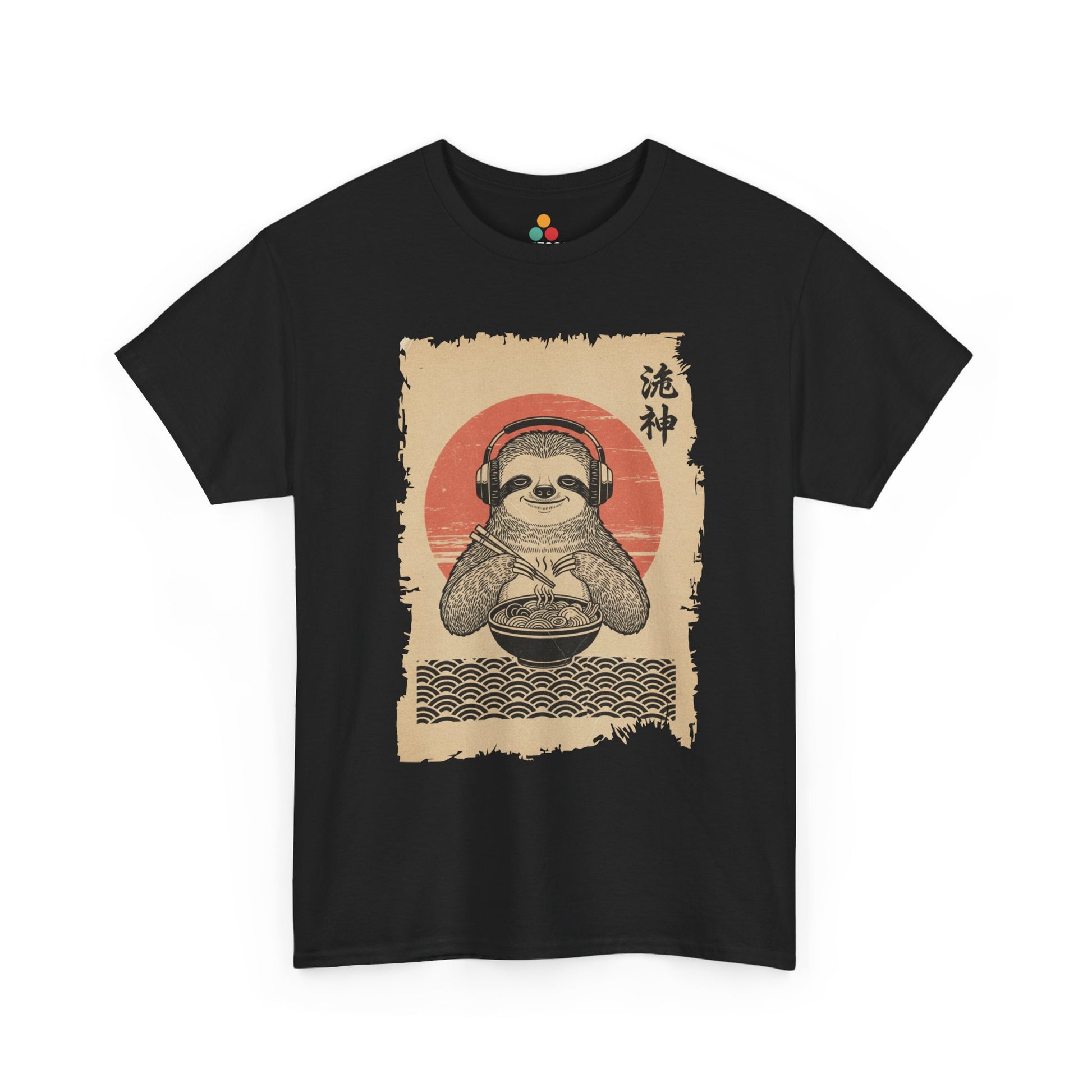 Vintage Japanese ukiyo-e style sloth eating ramen with headphones and red sun background. On Black  Tee Shirt

