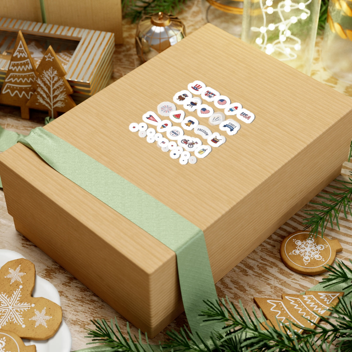 A brown kraft cardboard package box styled with a cluster of TEEZOCA patriotic summer scrapbook stickers.
