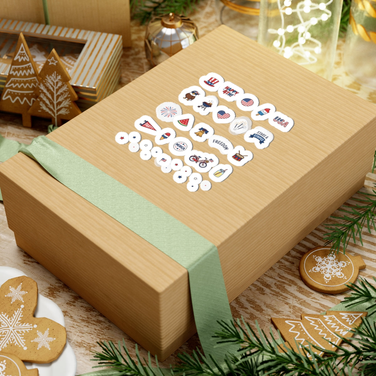 A craft mailing parcel adorned with a spread of TEEZOCA Americana theme decals placed neatly on a festive table setting.