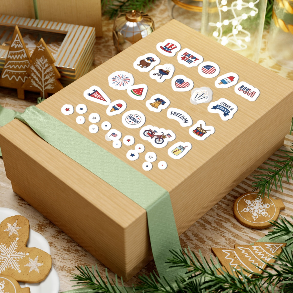 A large brown mailing box featuring TEEZOCA mini star and holiday doodle stickers next to a green decorative ribbon.