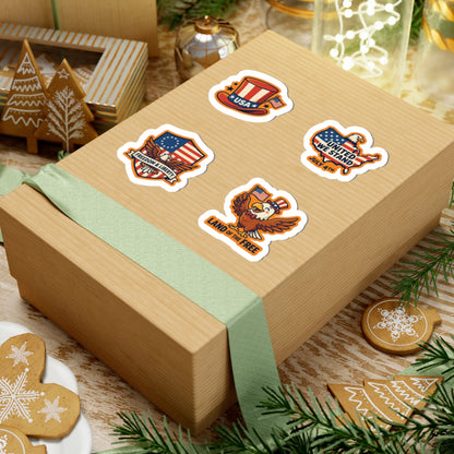 A large brown mailing box featuring Vintage USA Patriotic Sticker Pack – Aesthetic 4th of July Sticker Set | TEEZOCA 