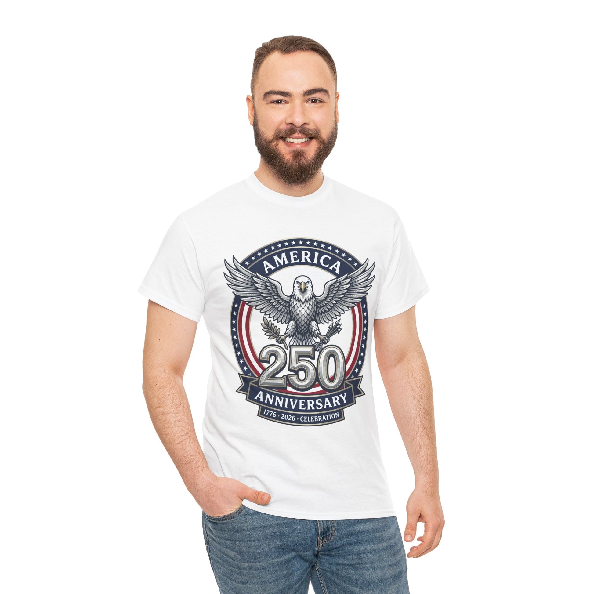A man wearing America 250 Anniversary Eagle White T-Shirt – Patriotic 1776 2026 Celebration Tee | TEEZOCA 