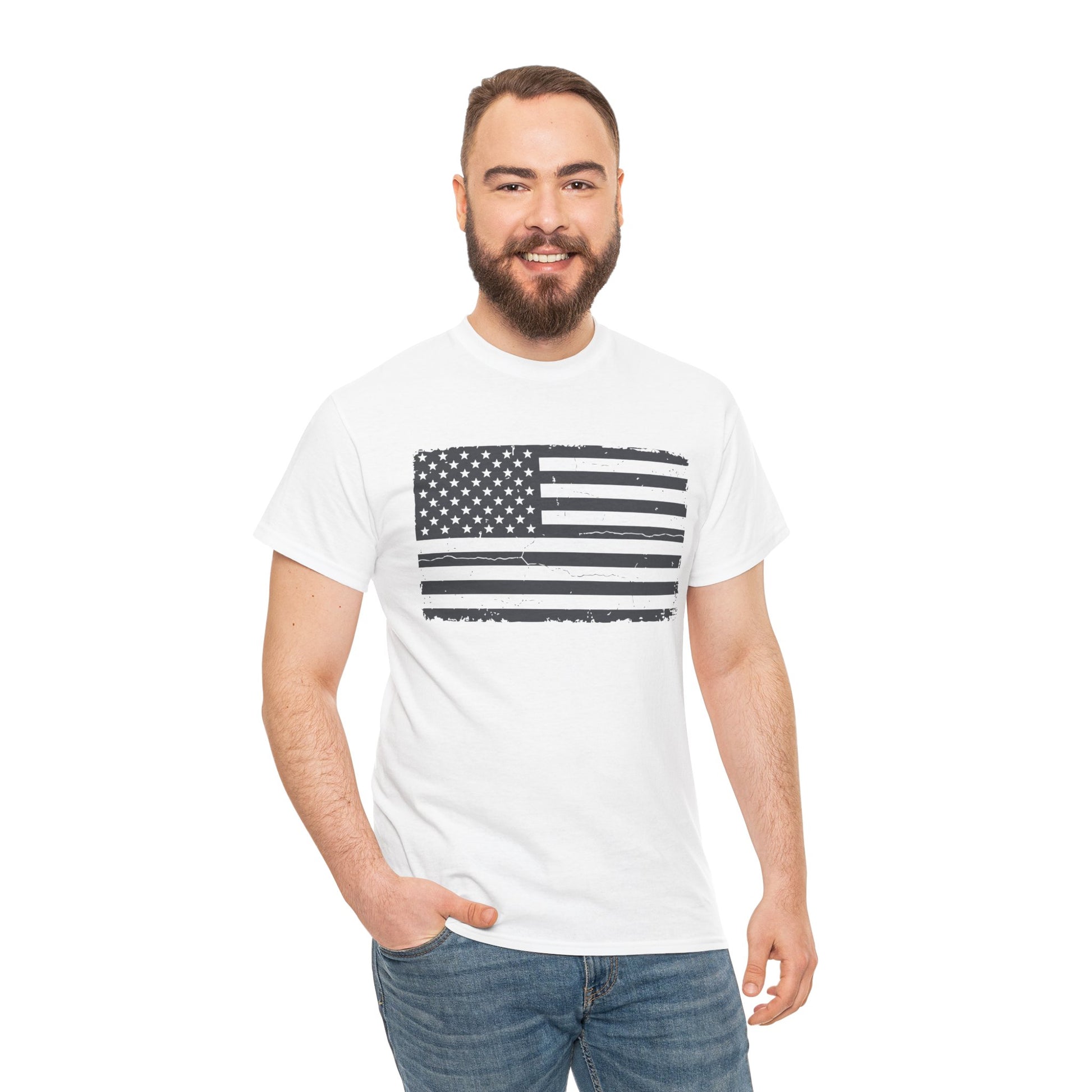 A man wearing Distressed American Flag T-Shirt – Vintage Patriotic Gift for Men and Women | TEEZOCA 