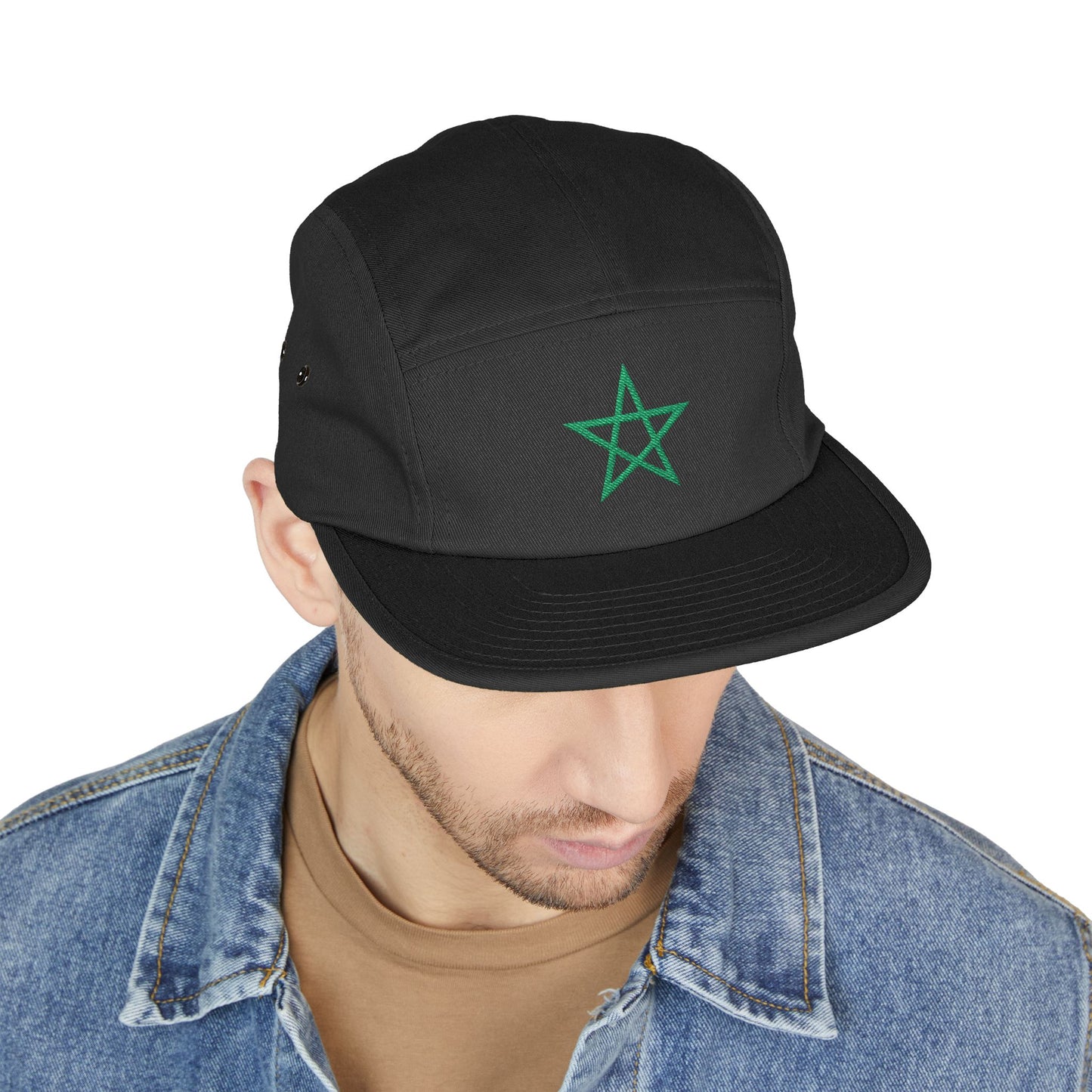 A man wearing a black TEEZOCA embroidered Moroccan flag 5 panel hat and a casual denim jacket.