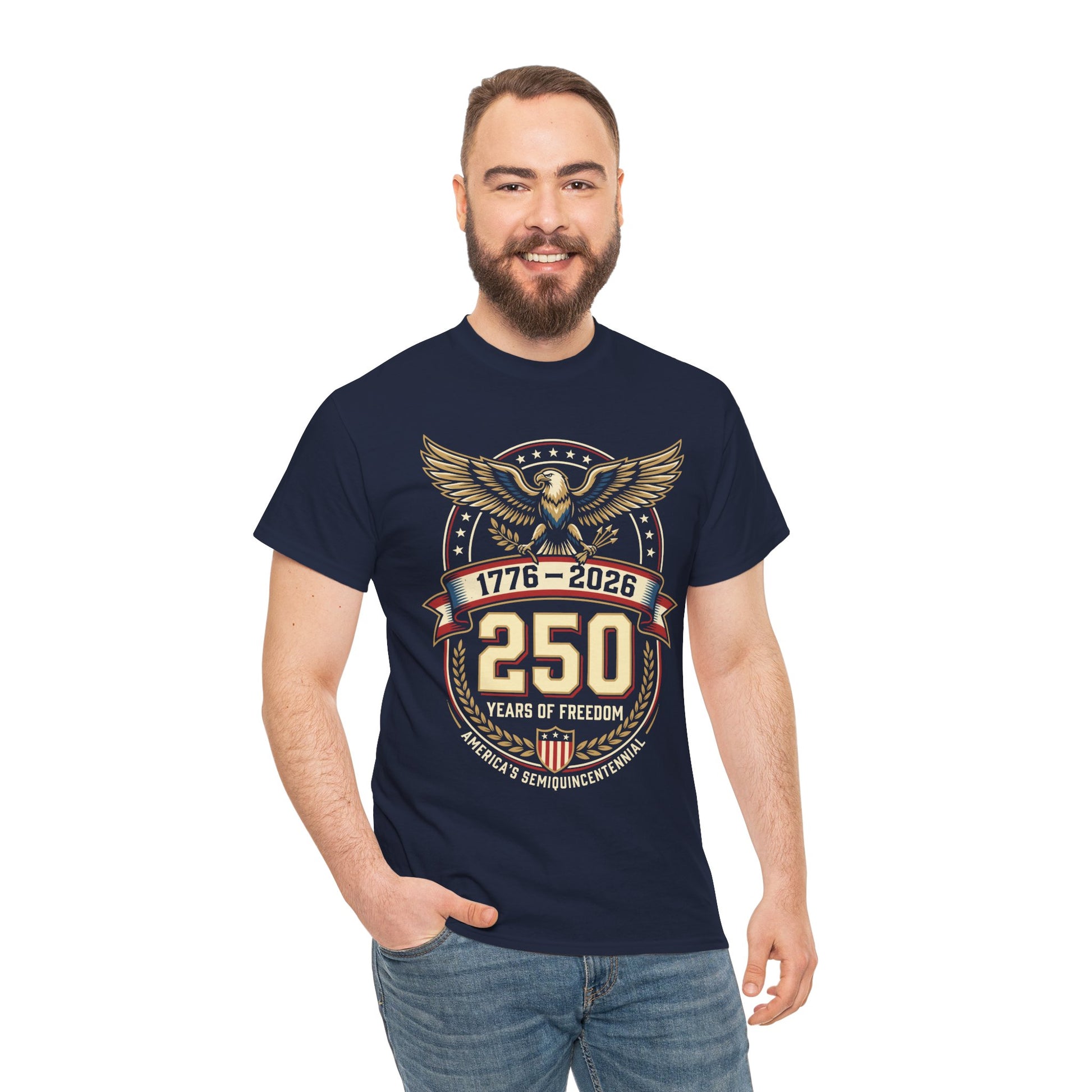 A man wearing a navy blue TEEZOCA 1776 2026 250 Years of Freedom Semiquincentennial T-Shirt — Patriotic Vintage America 250th Anniversary Tee