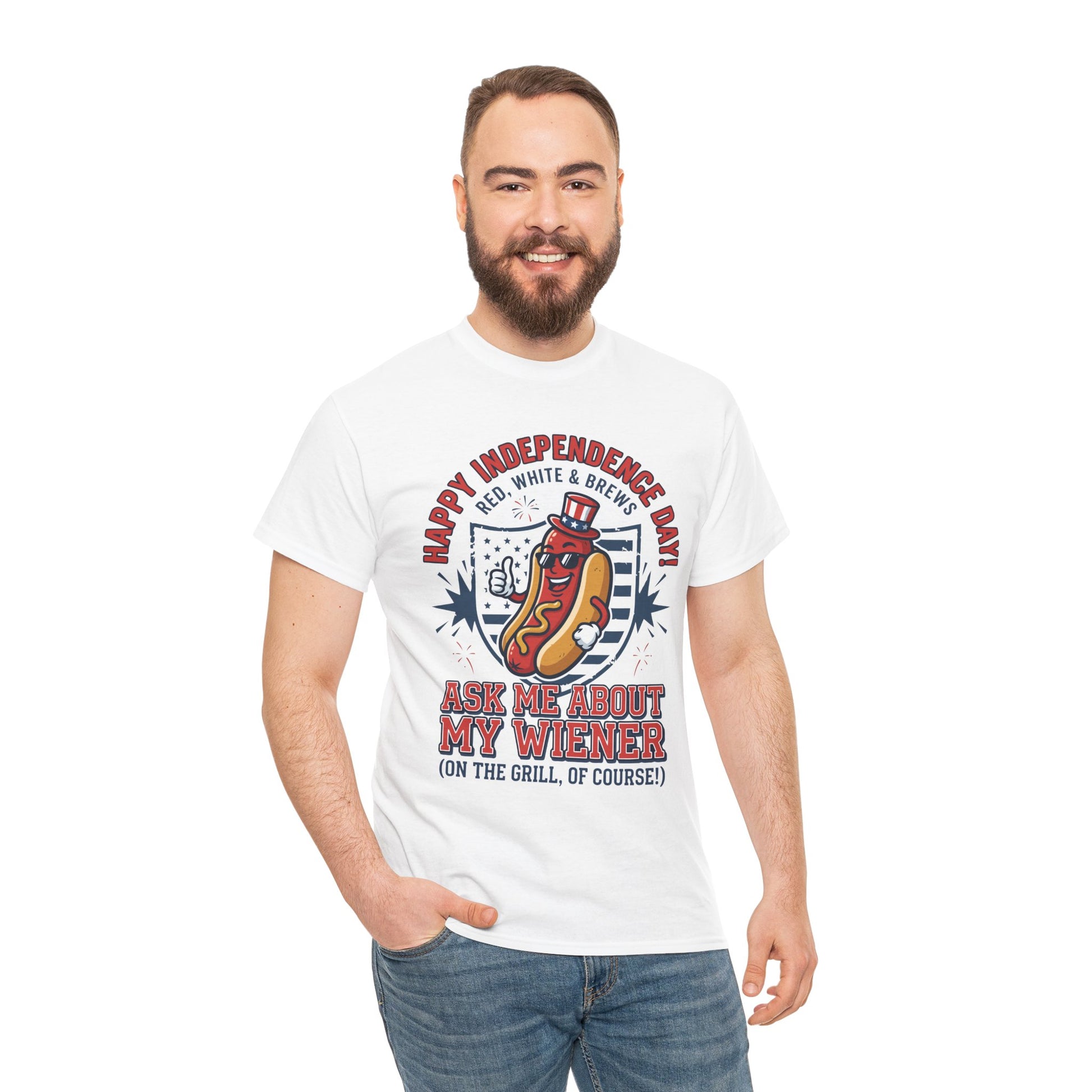 A man wearing a white TEEZOCA Ask Me About My Wiener Funny T-Shirt – Retro Patriotic BBQ Gift for Men and Women