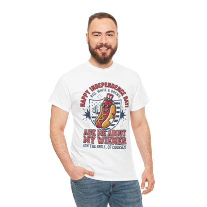 A man wearing a white TEEZOCA Ask Me About My Wiener Funny T-Shirt – Retro Patriotic BBQ Gift for Men and Women