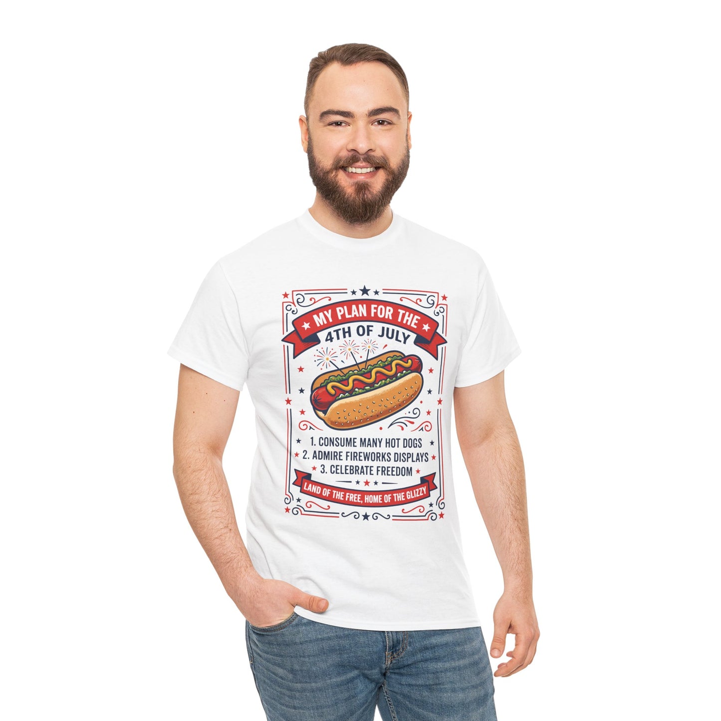 A man wearing a white TEEZOCA My Plan For The 4th Of July Funny T-Shirt – Retro Patriotic Gift for Men and Women