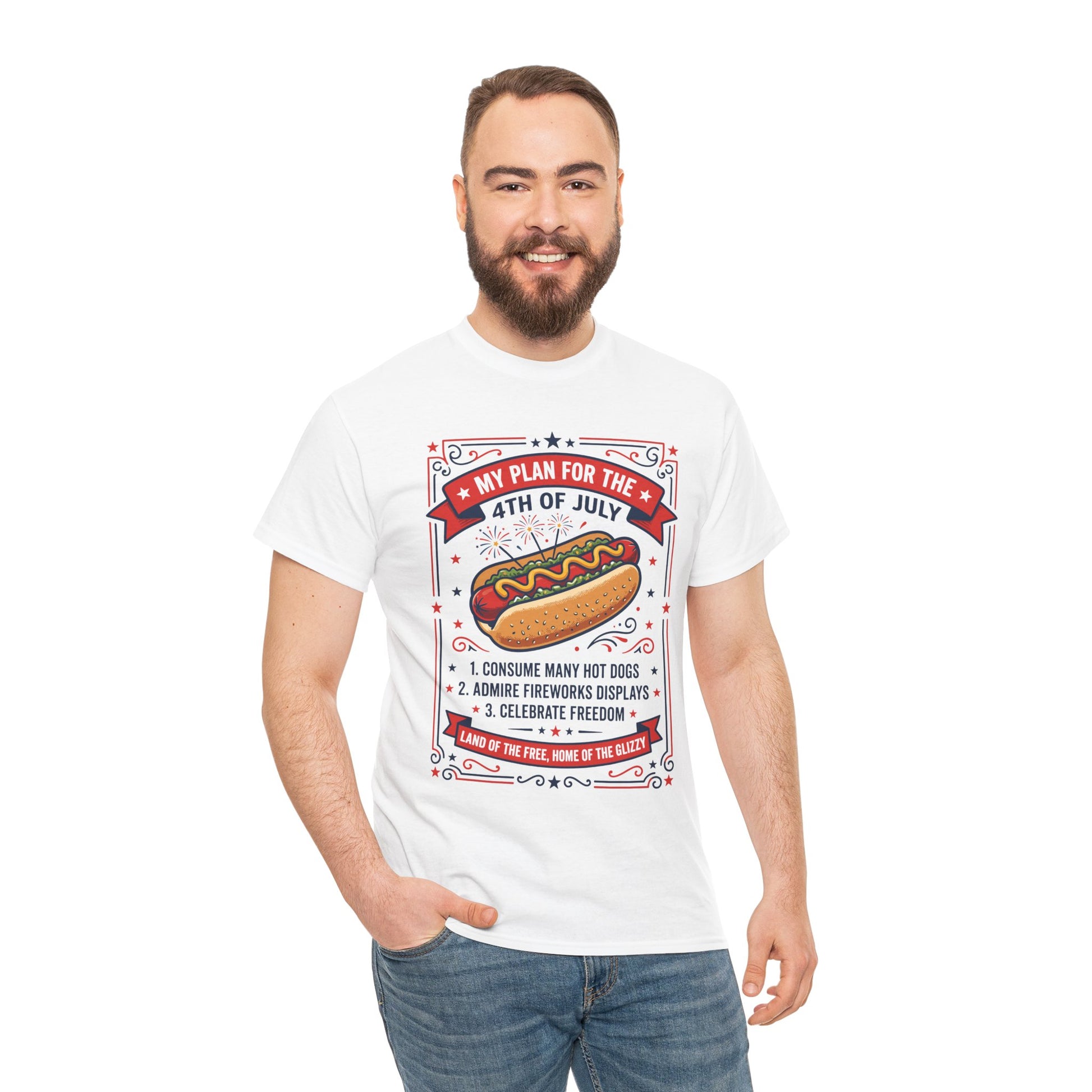 A man wearing a white TEEZOCA My Plan For The 4th Of July Funny T-Shirt – Retro Patriotic Gift for Men and Women