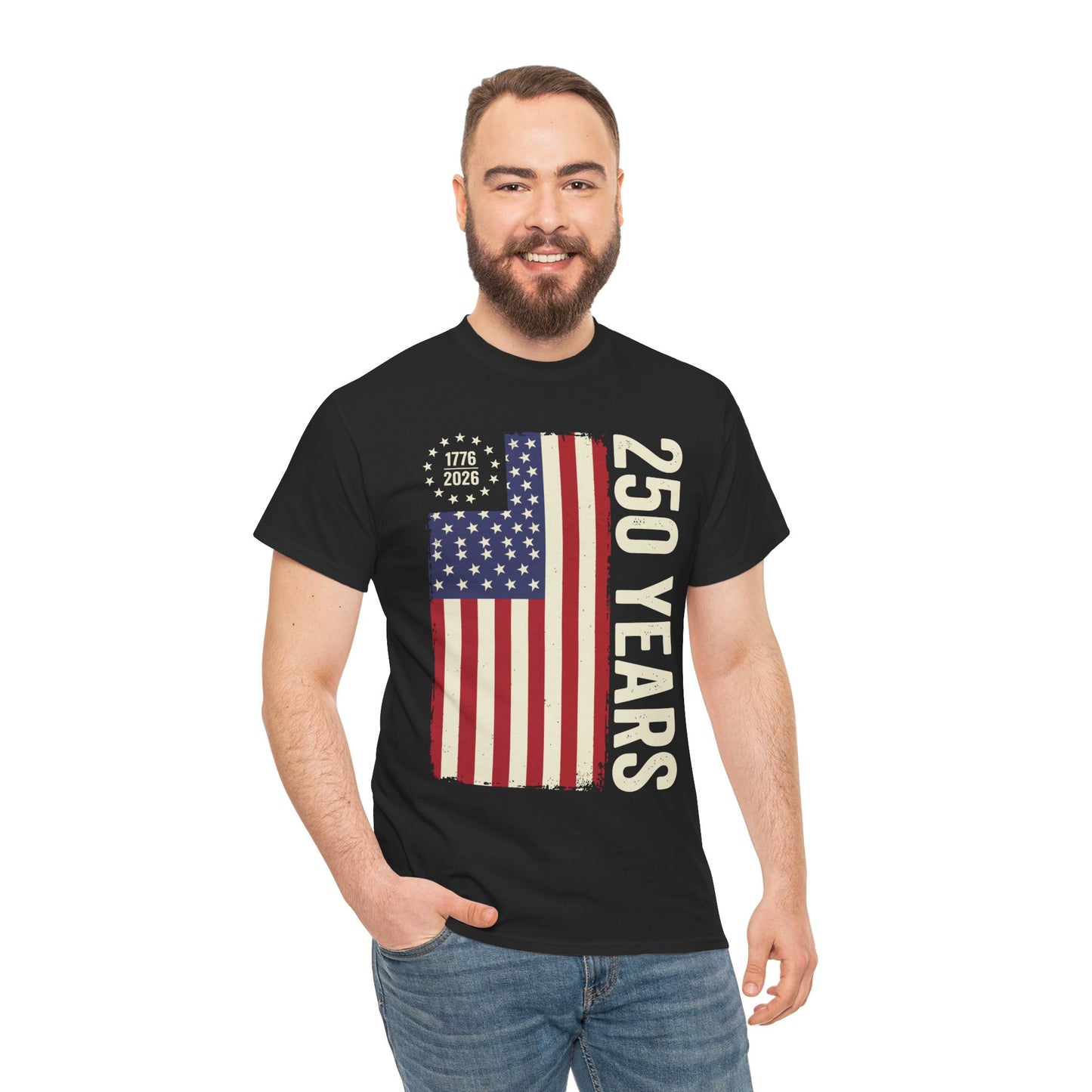 A smiling man wearing America 250 Years Semiquincentennial Black T-Shirt – Retro Patriotic Gift for Men and Women | TEEZOCA 