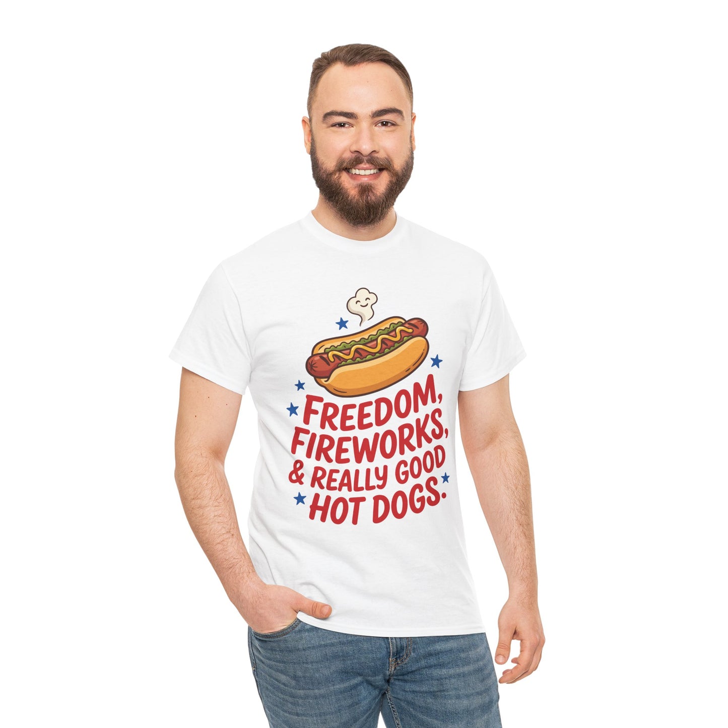 A smiling man wearing a Freedom Fireworks Hot Dogs white T-Shirt – Funny Patriotic Gift for Men and Women | TEEZOCA 