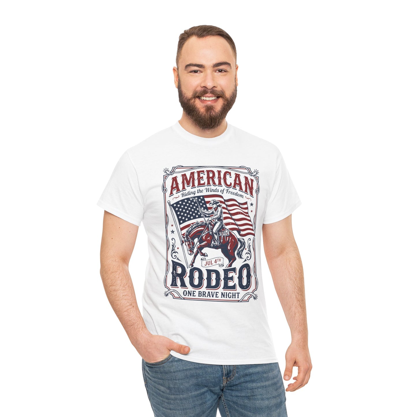 A smiling man wearing a white TEEZOCA American Rodeo patriotic casual t-shirt.