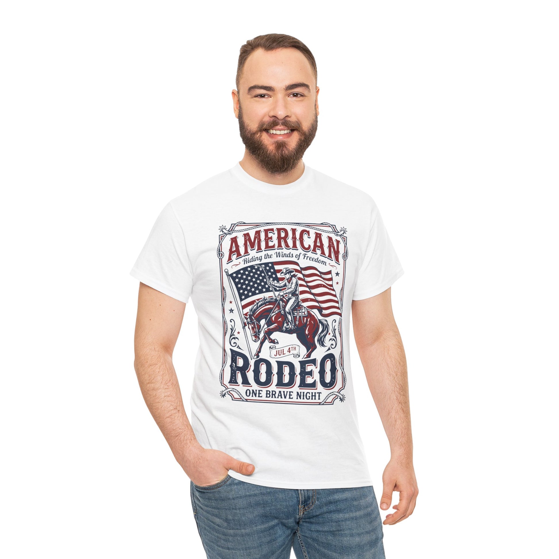 A smiling man wearing a white TEEZOCA American Rodeo patriotic casual t-shirt.
