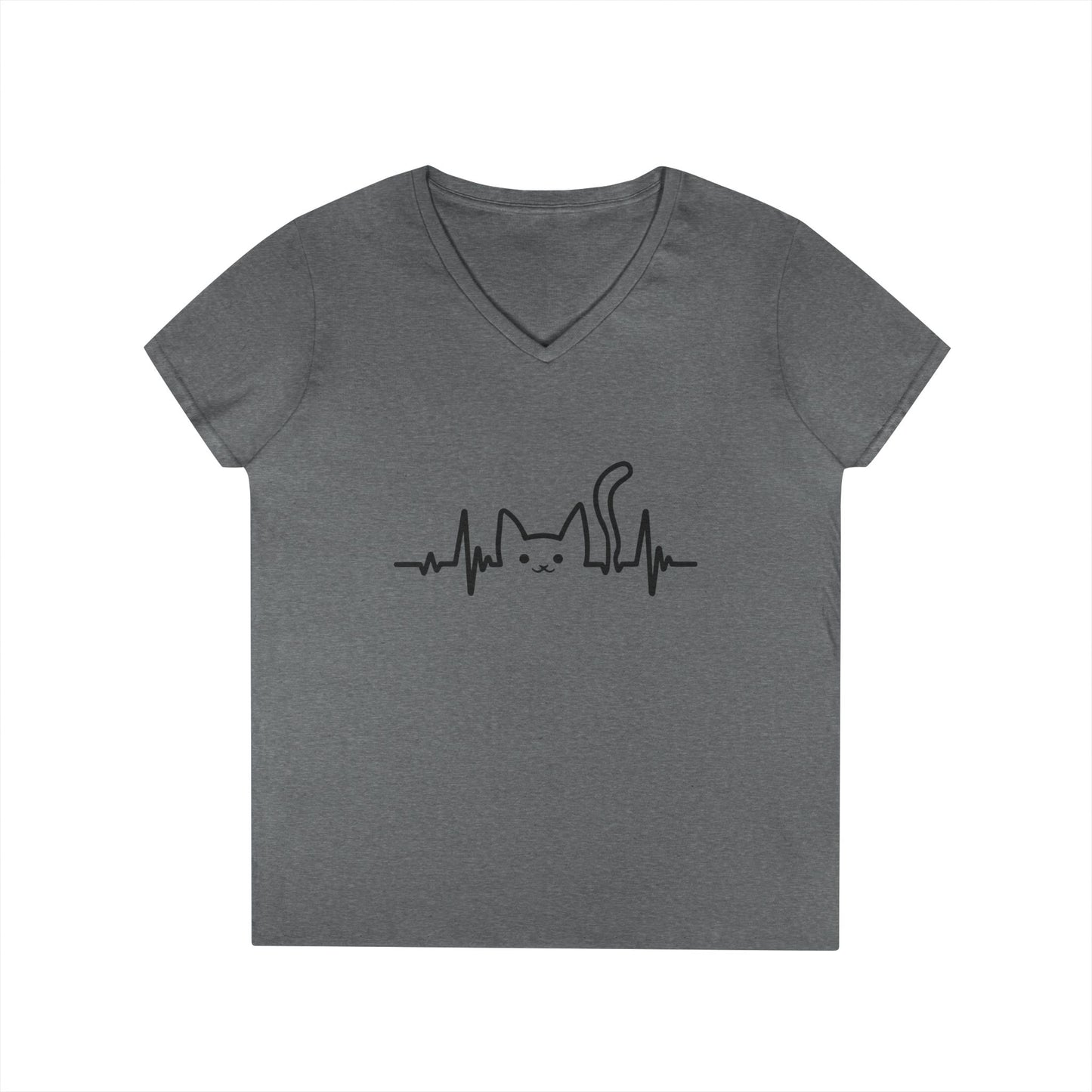 Abstract Cat Heartbeat V-Neck T-Shirt Minimal Pet Lover Statement Tee | TEEZOCA 