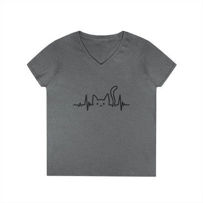 Abstract Cat Heartbeat V-Neck T-Shirt Minimal Pet Lover Statement Tee | TEEZOCA 