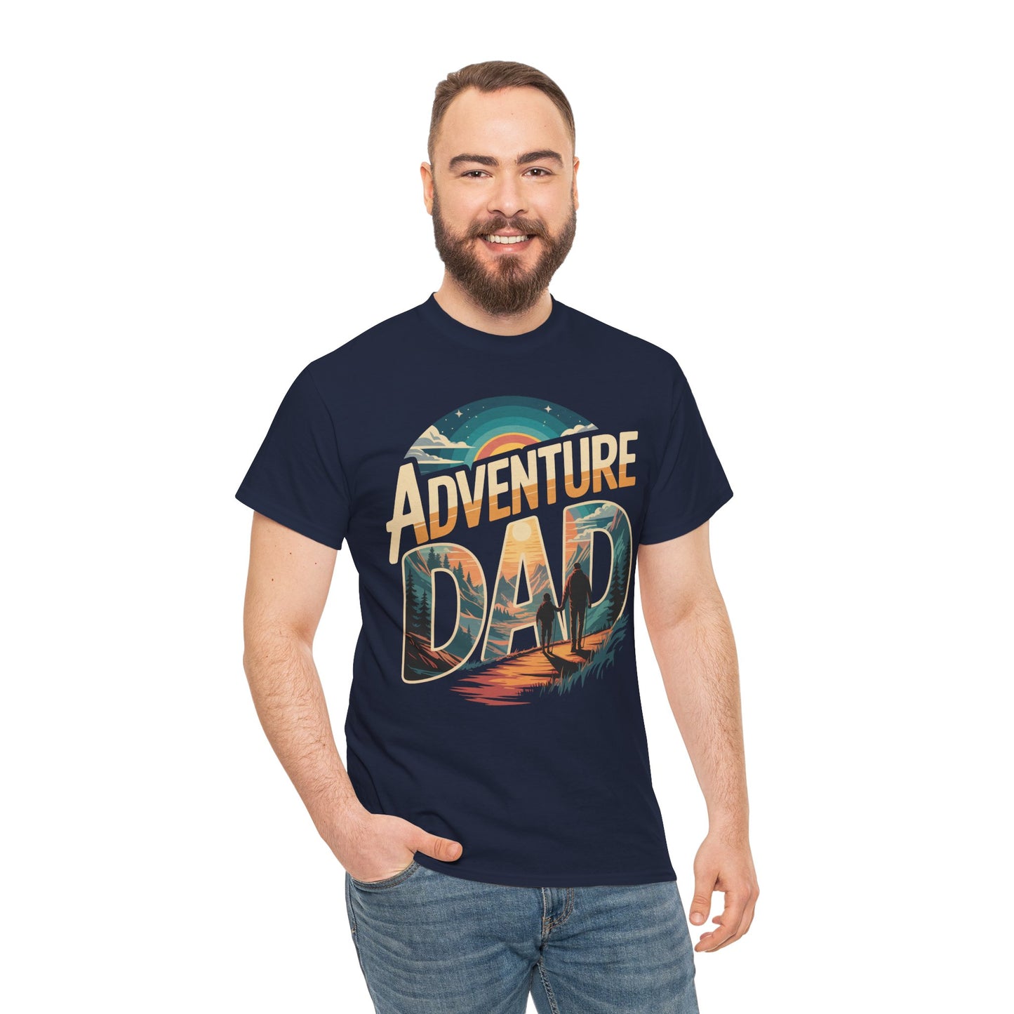 Adventure Dad Hiking Sunset Graphic Unisex T-shirt | TEEZOCA outdoor adventure dad silhouette Unisex T-shirt