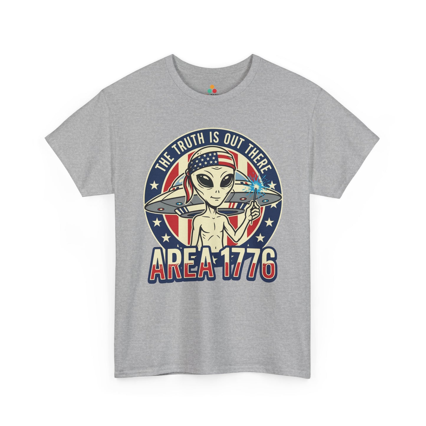 Alien Shirt Area 1776 Funny 4th of July Patriotic UFO T-shirt Gift | Funny 4th of July UFO T-shirt by TEEZOCA showing a patriotic alien with a sparkler and Area 1776 lettering.
