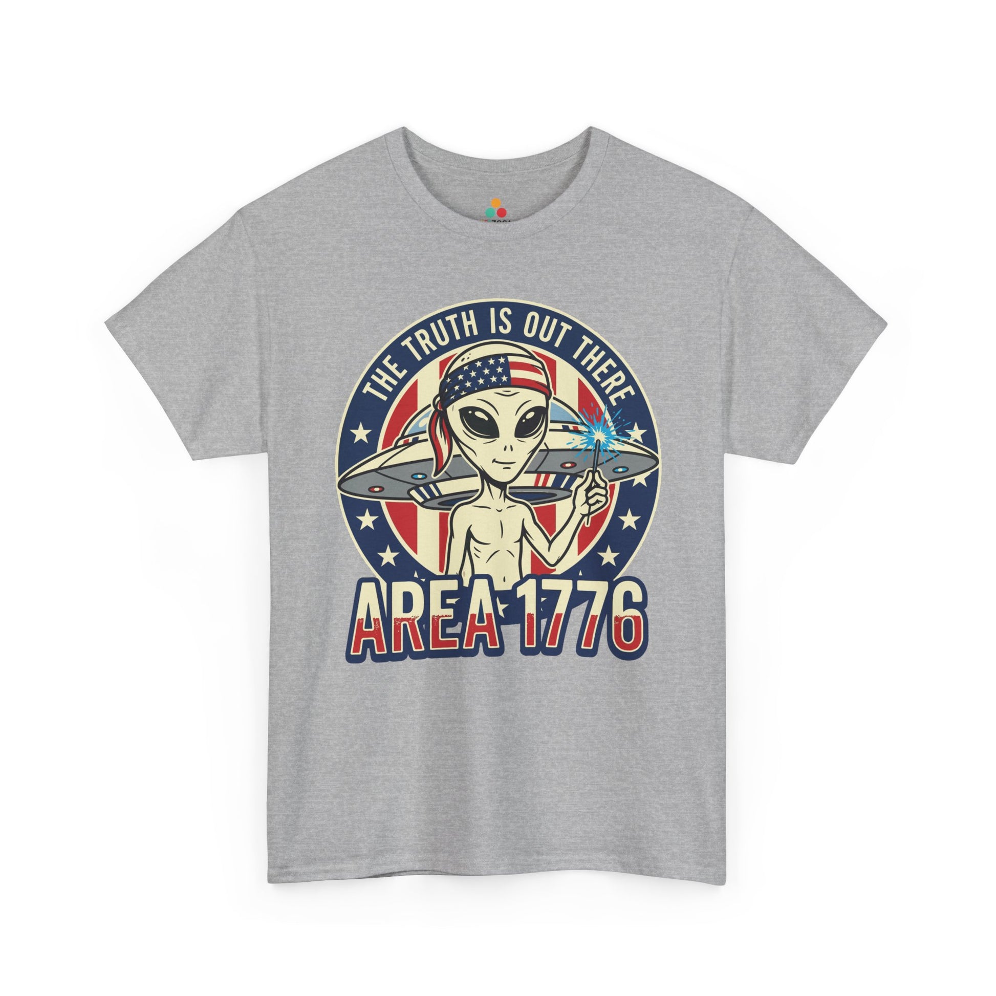 Alien Shirt Area 1776 Funny 4th of July Patriotic UFO T-shirt Gift | Funny 4th of July UFO T-shirt by TEEZOCA showing a patriotic alien with a sparkler and Area 1776 lettering.
