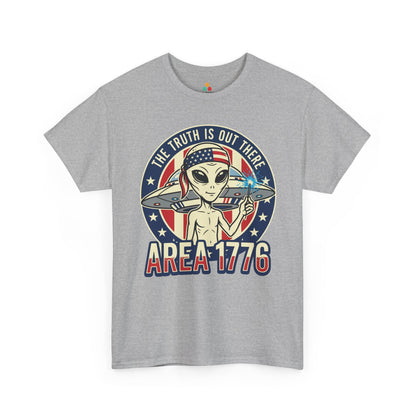 Alien Shirt Area 1776 Funny 4th of July Patriotic UFO T-shirt Gift | Funny 4th of July UFO T-shirt by TEEZOCA showing a patriotic alien with a sparkler and Area 1776 lettering.
