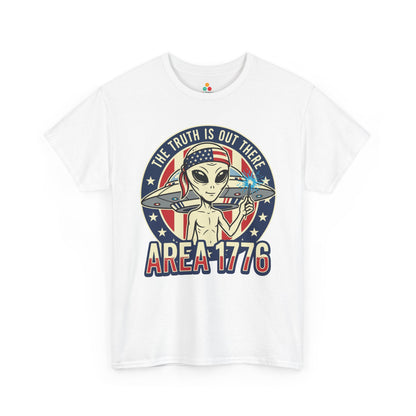 Alien Shirt Area 1776 Funny 4th of July Patriotic UFO T-shirt Gift | TEEZOCA 4th of July alien T-shirt with Area 1776 text, patriotic colors, UFO artwork, and a sci-fi humor design.
