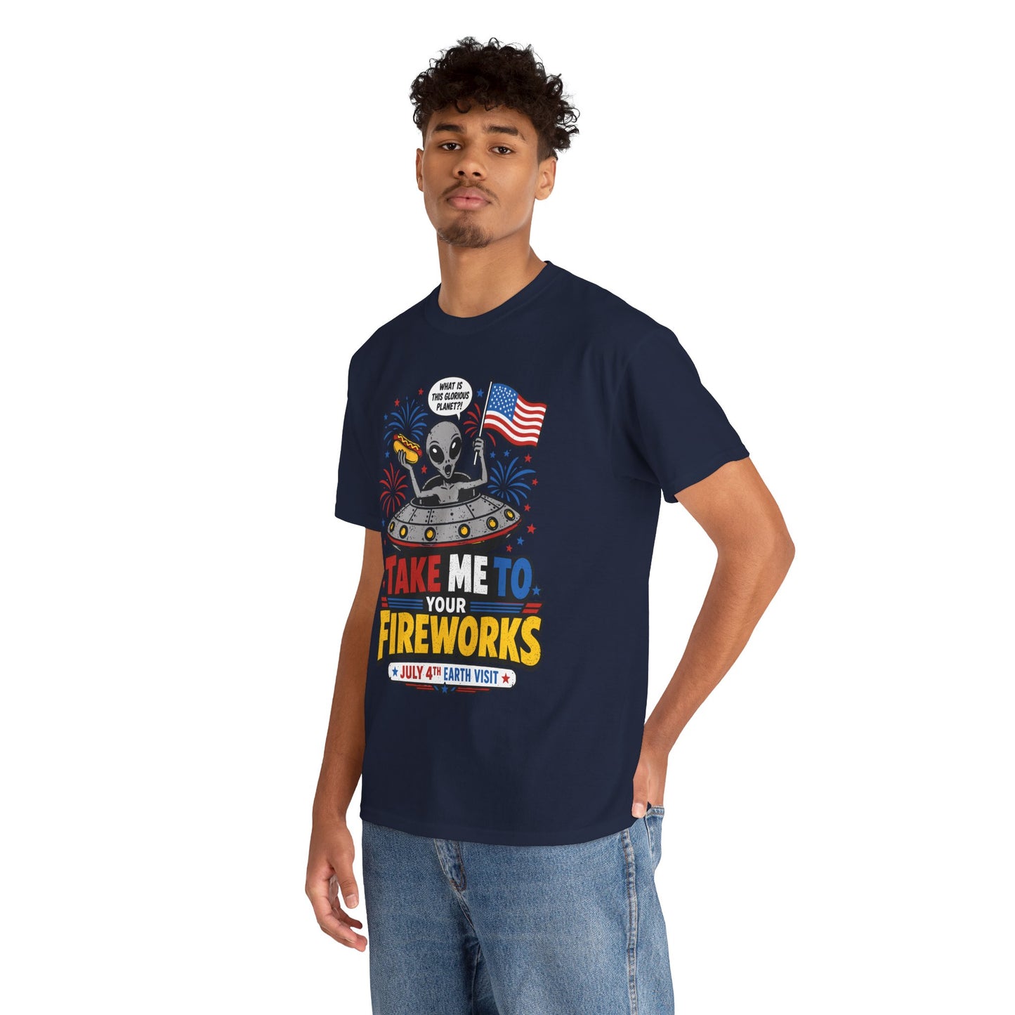 Alien Shirt, Funny UFO 4th of July Fireworks Graphic T-shirt | TEEZOCA T-shirt with an alien shirt design featuring a UFO, hot dog, American flag, fireworks, and Take Me To Your Fireworks text.
