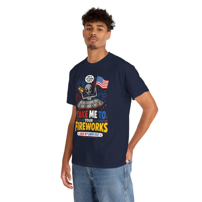 Alien Shirt, Funny UFO 4th of July Fireworks Graphic T-shirt | TEEZOCA T-shirt with an alien shirt design featuring a UFO, hot dog, American flag, fireworks, and Take Me To Your Fireworks text.
