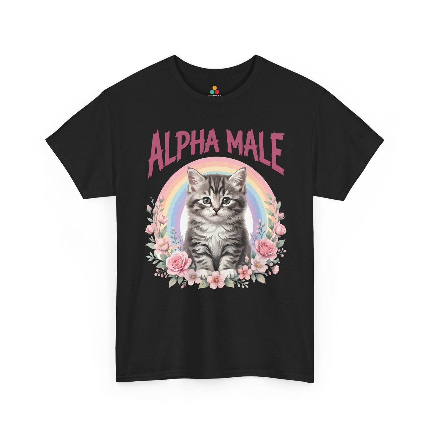 Alpha Male Shirt Ironic Cat Dad Pink Kitten Gift Unisex T-shirt | TEEZOCA Unisex T-shirt with Alpha Male Shirt design featuring a gray kitten, pink lettering, rainbow, and rose accents.
