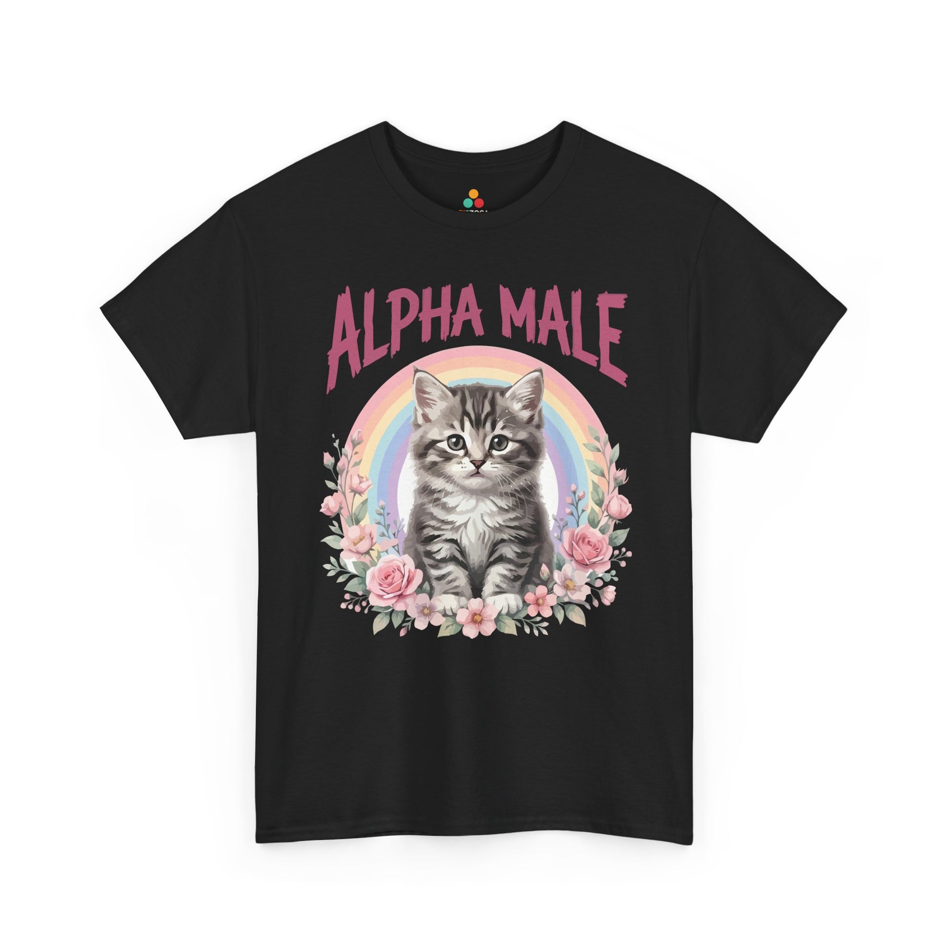 Alpha Male Shirt Ironic Cat Dad Pink Kitten Gift Unisex T-shirt | TEEZOCA Unisex T-shirt with Alpha Male Shirt design featuring a gray kitten, pink lettering, rainbow, and rose accents.
