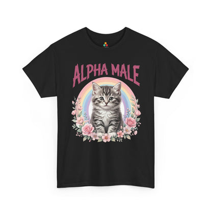 Alpha Male Shirt Ironic Cat Dad Pink Kitten Gift Unisex T-shirt | TEEZOCA Unisex T-shirt with Alpha Male Shirt design featuring a gray kitten, pink lettering, rainbow, and rose accents.
